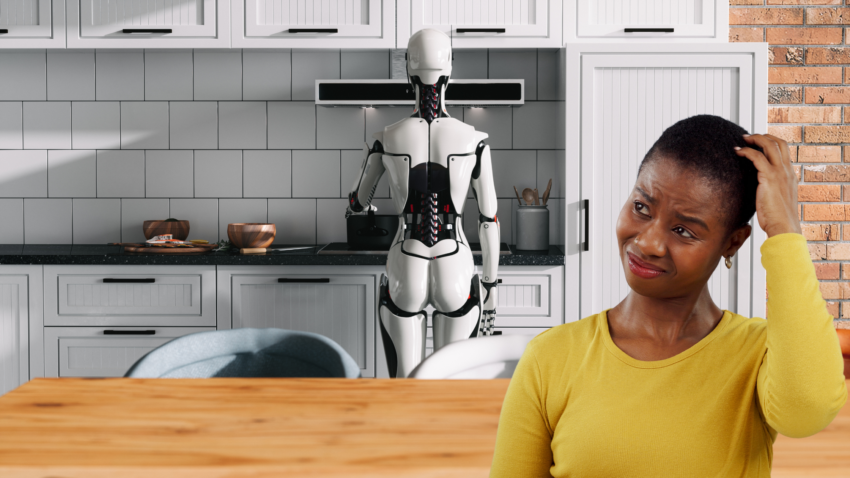 robot cooking in kitchen with women confused looking